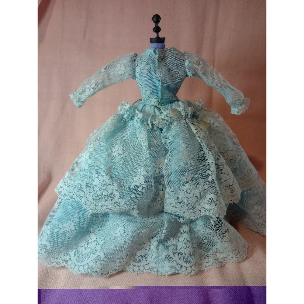 Vintage Barbie Doll Light Blue Lace Ball Gown Dress Formal Outfit Snap Closure